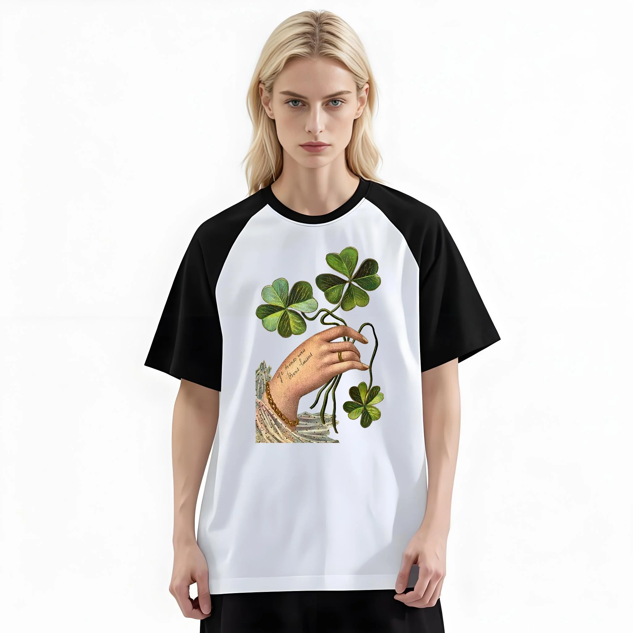 Women'S Fashion Raglan Sleeve T-Shirt, Hand Holding Four Leaf Clover Tattoo Sketch Printed, Summer Casual Comfortable Tee, Women'S Everyday Short-Sleeve Top