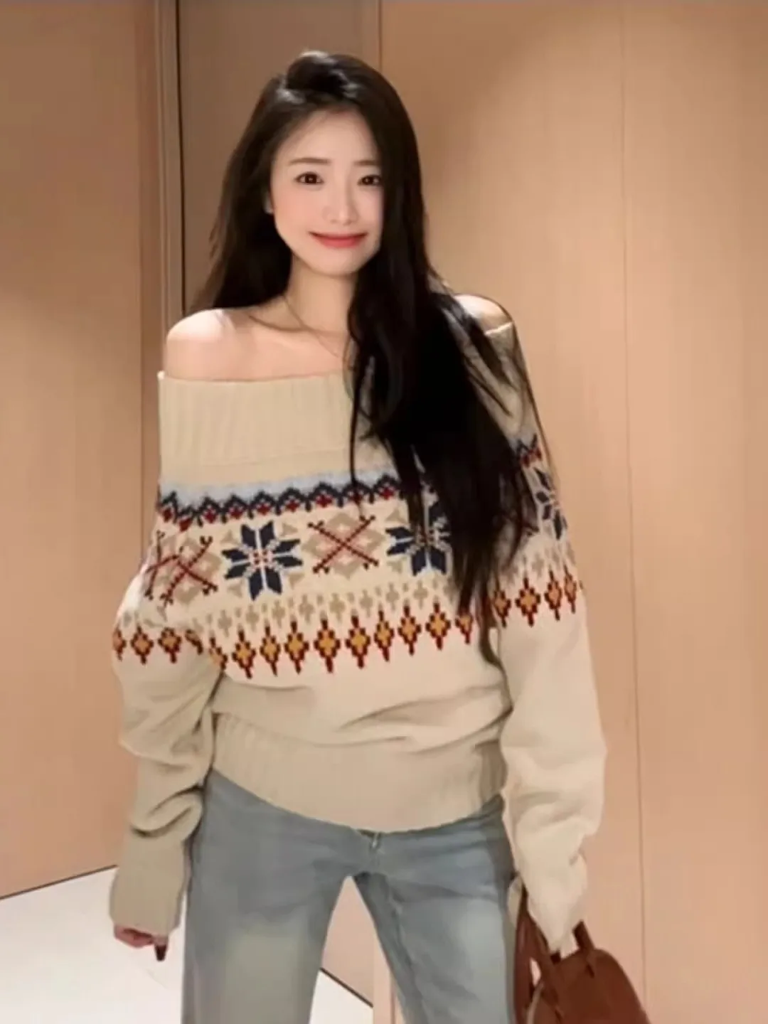 Sweter damski w stylu retro Fair Isle, luźny, długi, z jednym ramieniem, idealny na jesień i zimę, wygodny, wyszczuplający.