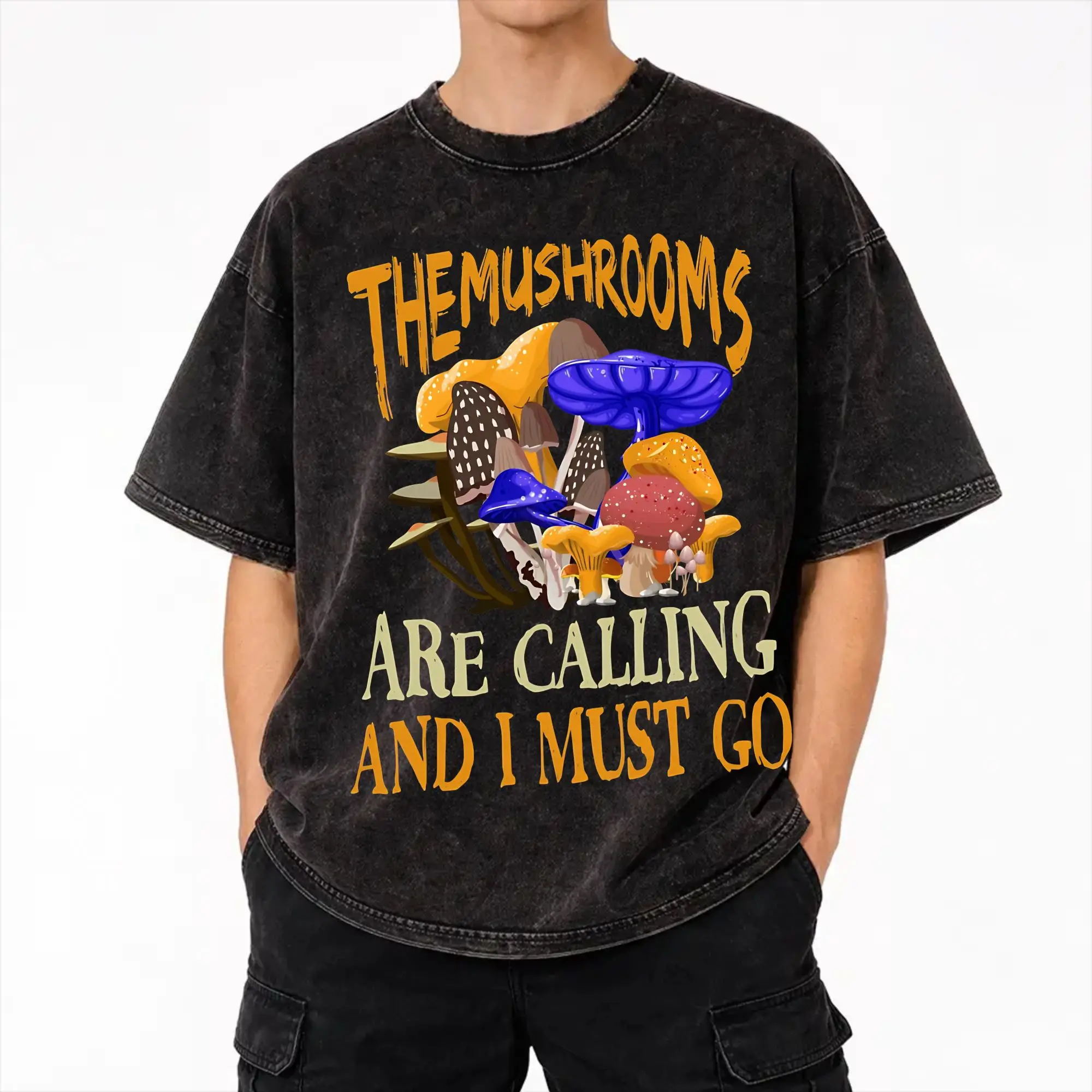 Harajuku Washed Shirt Mushrooms Are Calling Outfit Vintage T-Shirts High Street  Streetwear Short Sleeve Printed Tops Tees