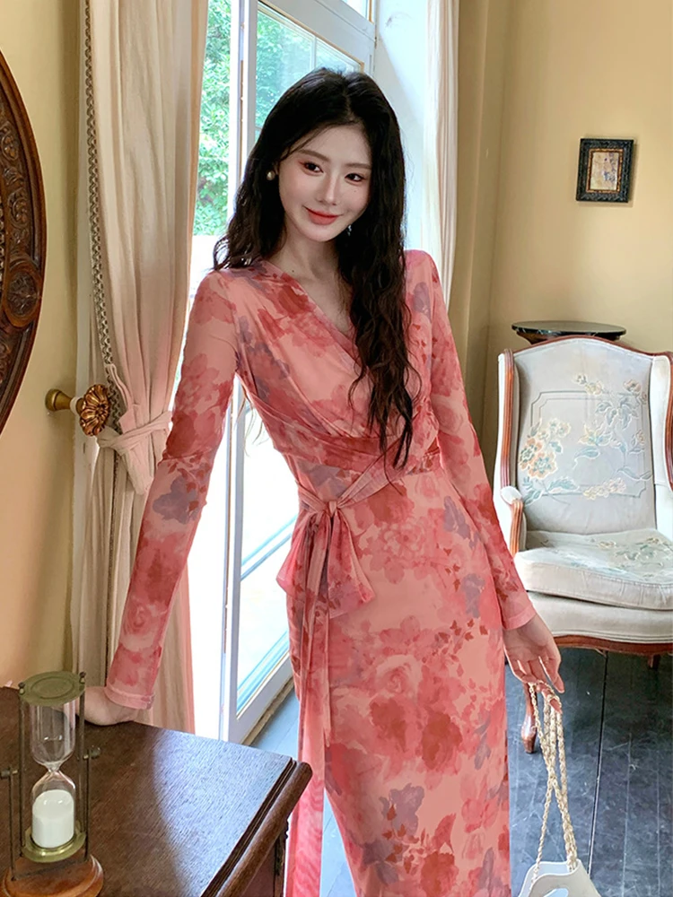 Women Clothes Sweet Mesh Floral Print V-Neck Slim Bandage Midi Pencil Dress Elegant Commute  Vestidos Robe Casual Autumn Korean