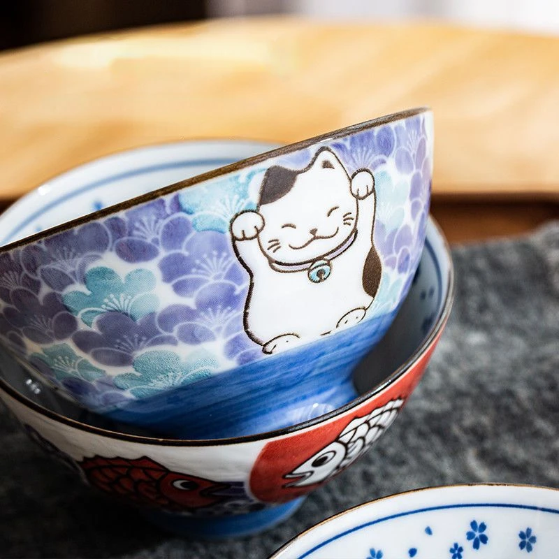 Japanese Imported Cartoon Ceramic Bowl Relief Tableware Household Children\'s Rice Bowls Cute Fortune Cat Small Ramen Bowl Gift