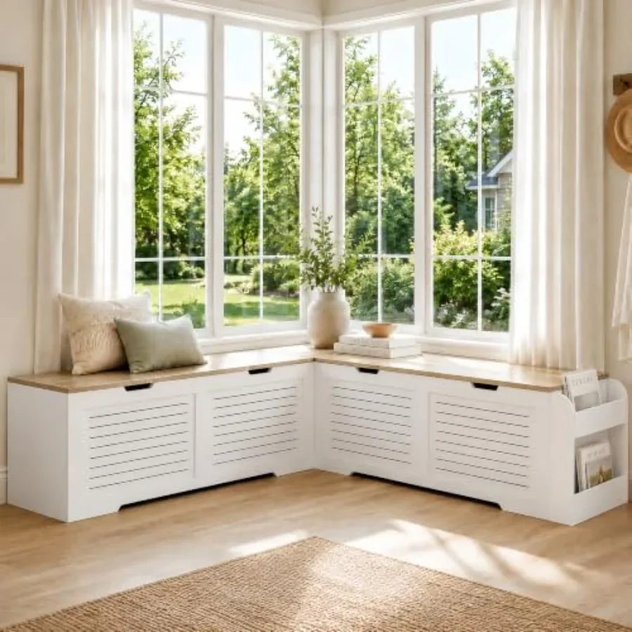 L-Shaped Storage Bench for Breakfast Nook Corner, Wood Finish, Natural Beige, Hidden Compartment Space-Saving Design