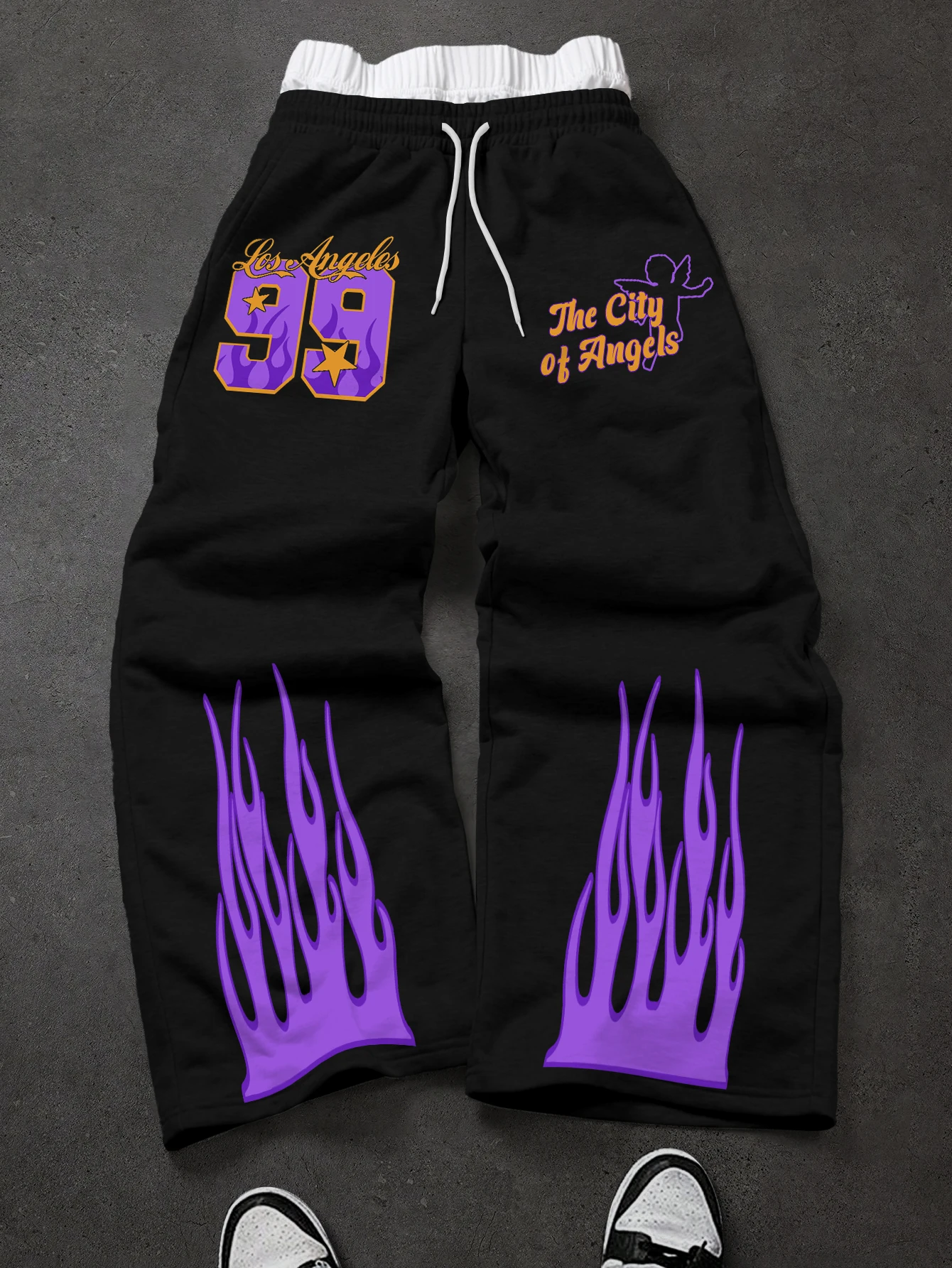 Men's Los Angeles 99 Angel Purple Flame Print Wide Leg Sweatpants Polyester S-2XL Loose Streetwear Drawstring Casual Trousers