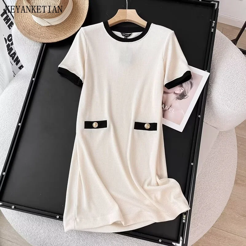 

KEYANKETIAN 2024 New Launch Women's Waffle Texture Knit Dress Elegant Pockets O-Neck Short Sleeve Loose straight Mini dress