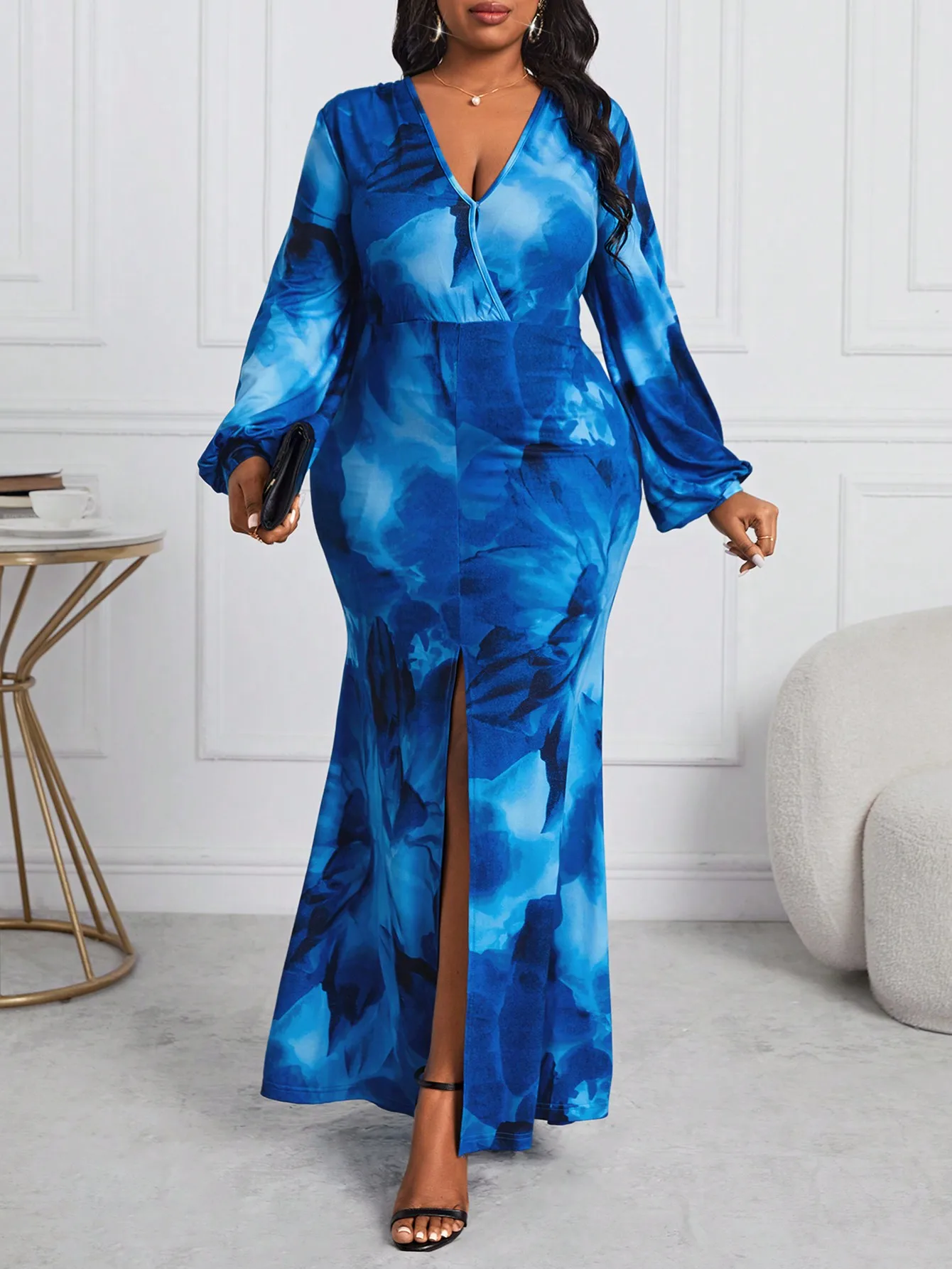 

Plus Size Women Dress V Neck Long Sleeve Tie Dye Print Ruched Wrap Mermaid Maxi Dress Elegant Spring Summer Party Stretchy Dress