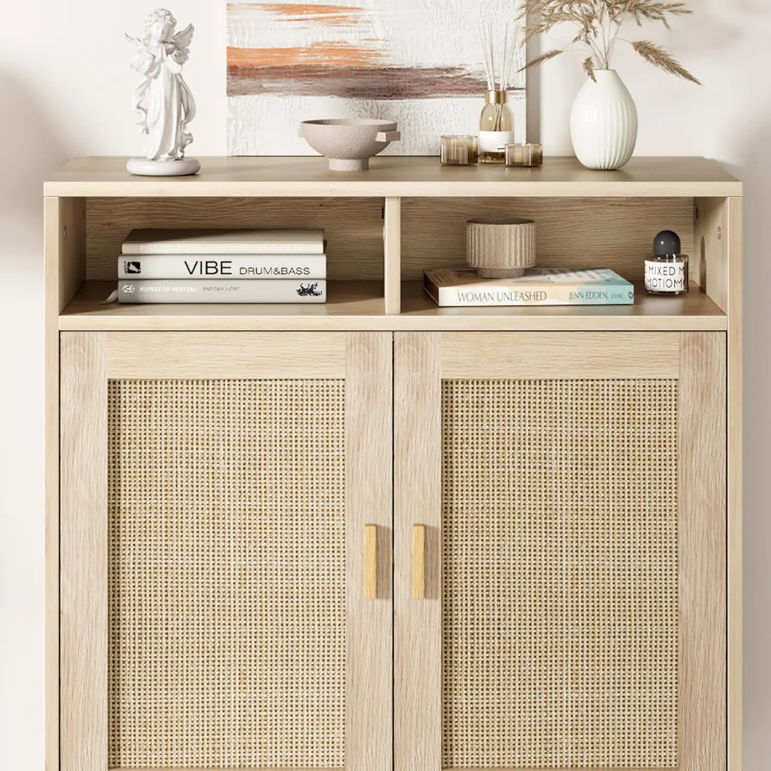 Rattan Sideboard Buffet Cabinet with 2 Doors & 2 Shelves Kitchen Sideboard Cabinet with Large Storage Space Accent Console Table