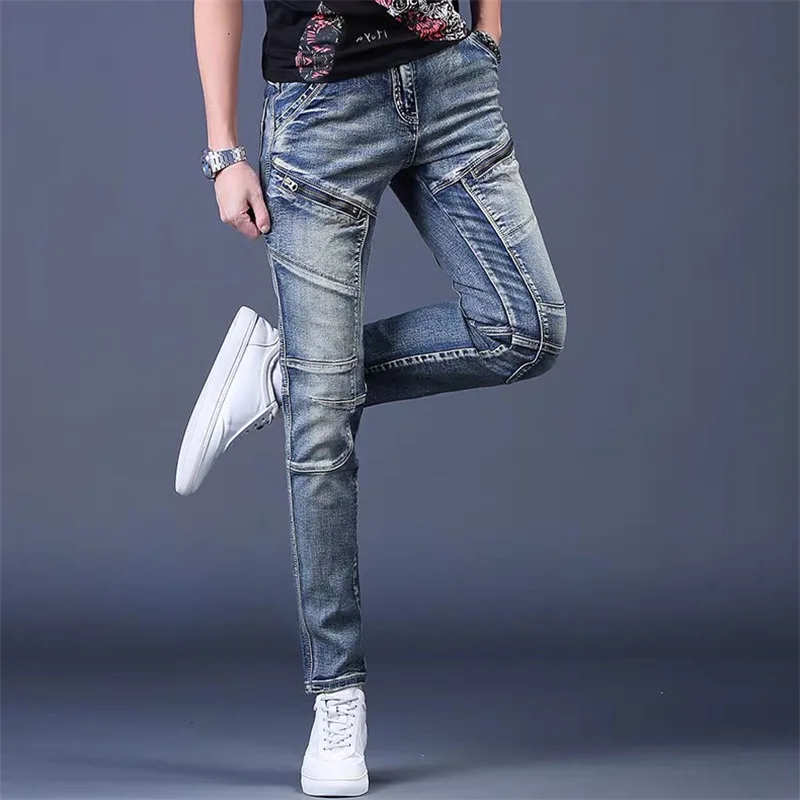 Celana Panjang Denim Biru Dicuci Antik Trendi Kasual Sambungan Kurus Pria Fashion Baru Musim Semi Musim Gugur 2025 Celana Jeans Pria Pakaian Jalanan