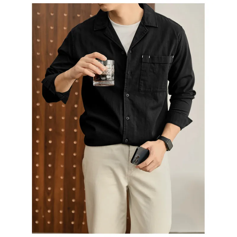 

Свободная рубашка с длинными рукавами из 100% хлопка в стиле Old Money с кубинским воротником и драпировкой в стиле ретро