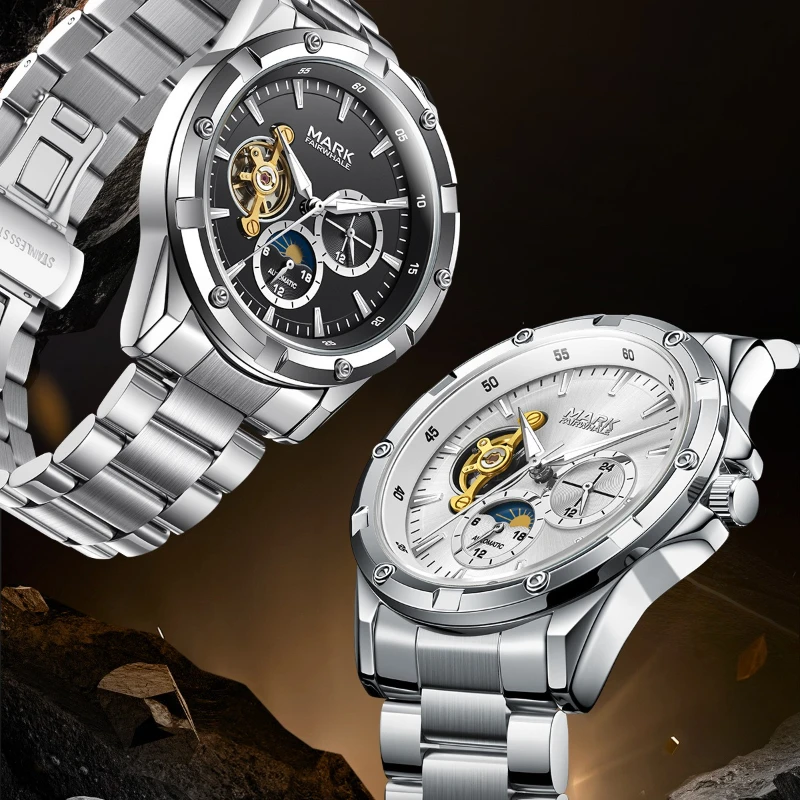 

Mark Fairwhale 6024, мужские автоматические механические часы, роскошные полые турбийоны, водонепроницаемые, светящиеся, с фазой Луны, автоматические часы для мужчин