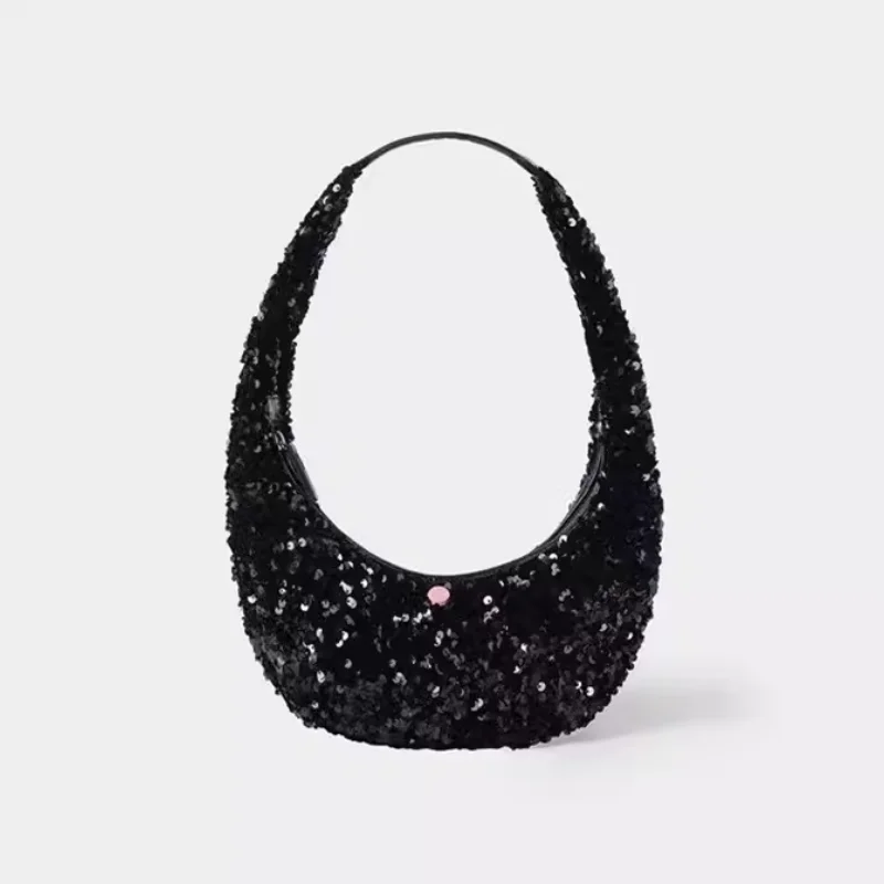 INS Net-Sac à main en forme de croissant de perles à paillettes fait à la main, pochette brillante, sac sous les bras scintillant, sac à épices rouge, soirée, même style