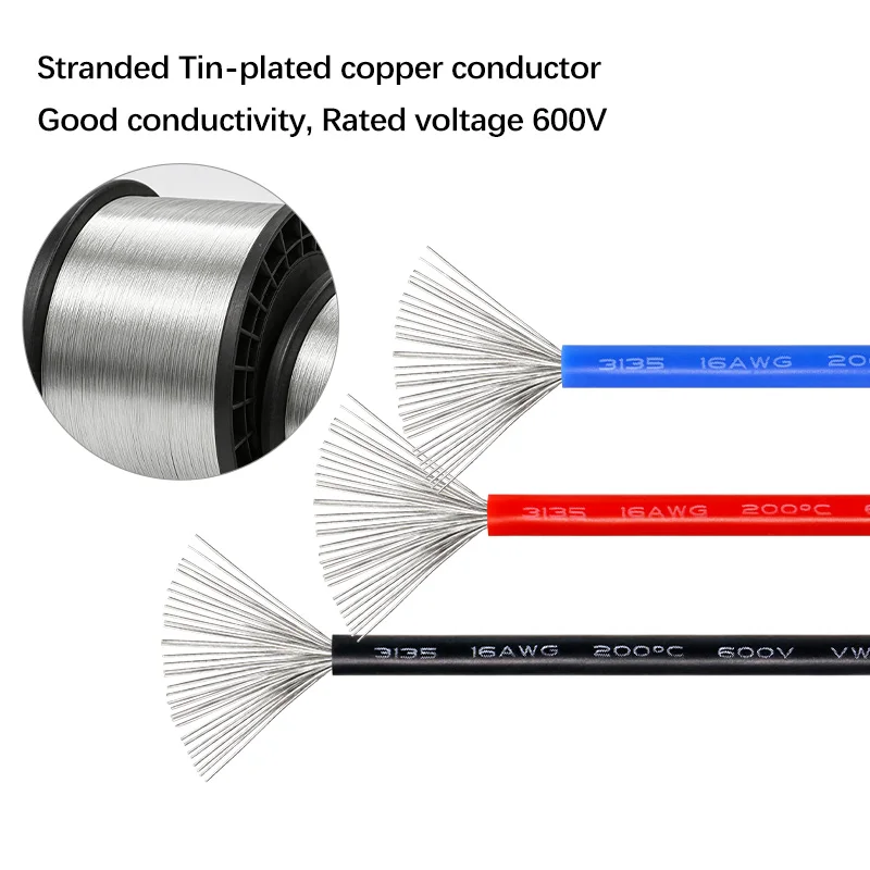 600V Silicone Electric Wire 3135 30 28 26 24 22 20 18 16 14 12 10AWG Heat-resistant Stranded Cable Tinned Copper DIY LED Line