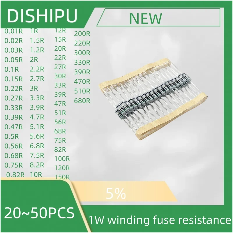 20-50PCS 1W fuse resistance 5% 0.01R 0.03R 0.05R 0.1R 0.5R 0.82R 1R 10R 22R 100R 22R 470R 510R 680R