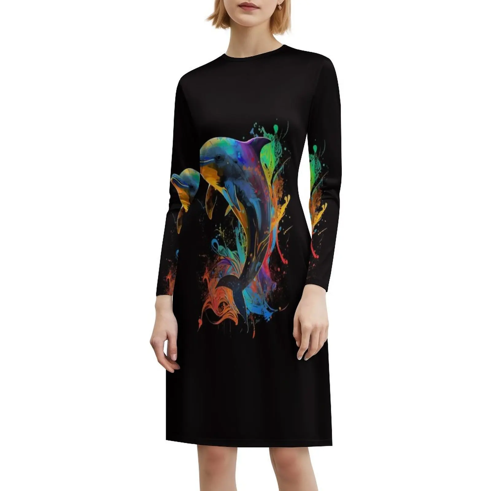 دولفين فن البوب تصميم ملون دولفين عاشق تصميم البوهيمي بلا أكمام فستان متعدد الطباعة شاطئ عطلة فستان الحفلات دولفين #6