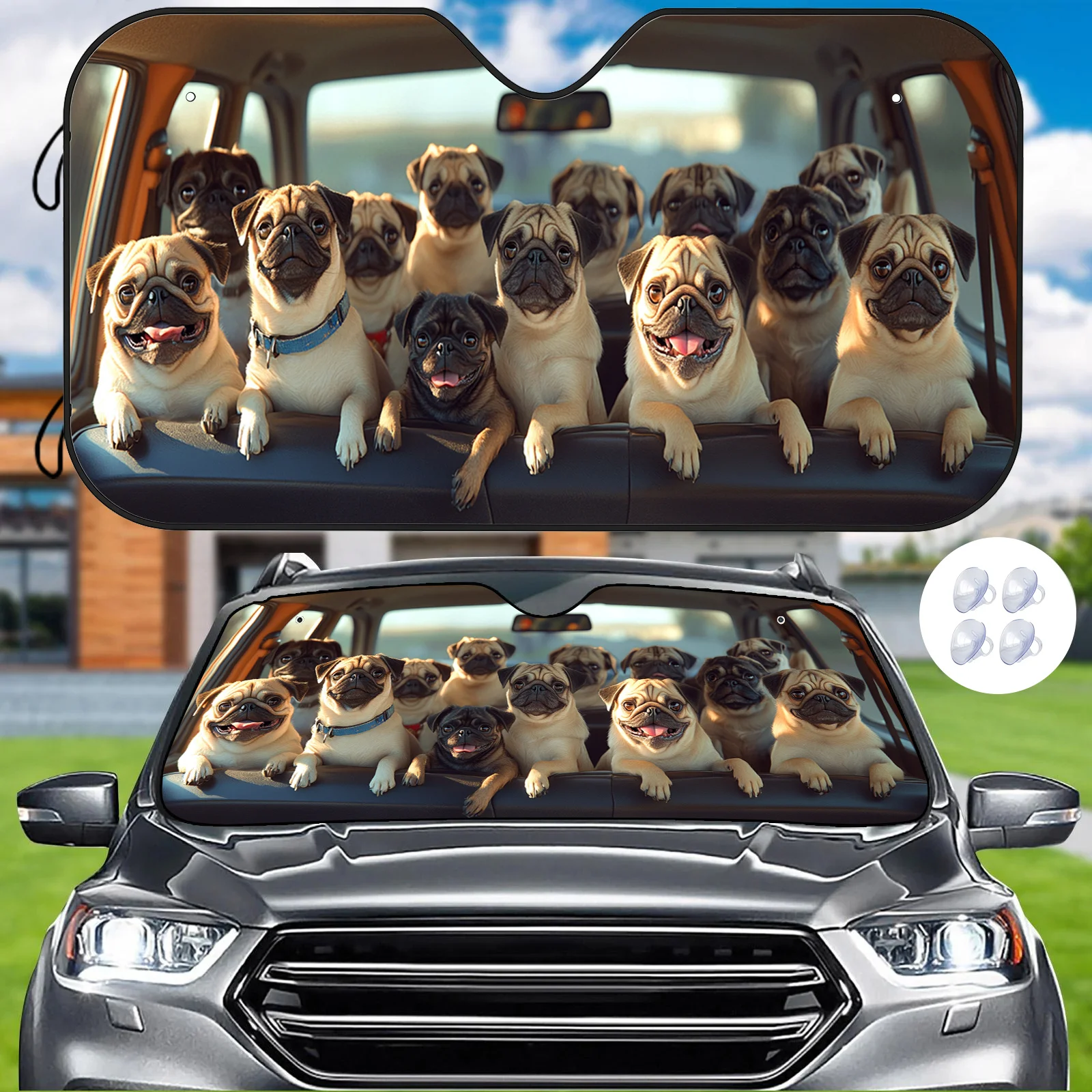 

1 шт. автомобильный солнцезащитный козырек с милым рисунком собаки-мопса — подходит для термостойкости и царапин, защита от ультрафиолета, солнцезащитный чехол для комфорта салона автомобиля, солнцезащитный S