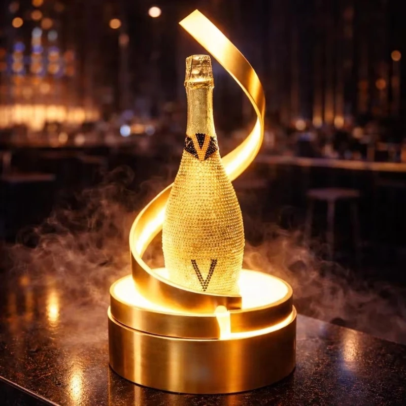Spiral Gold Ribbon Custom Logo LED Light Strip Champagne Bottle Display Stand with Remote Control