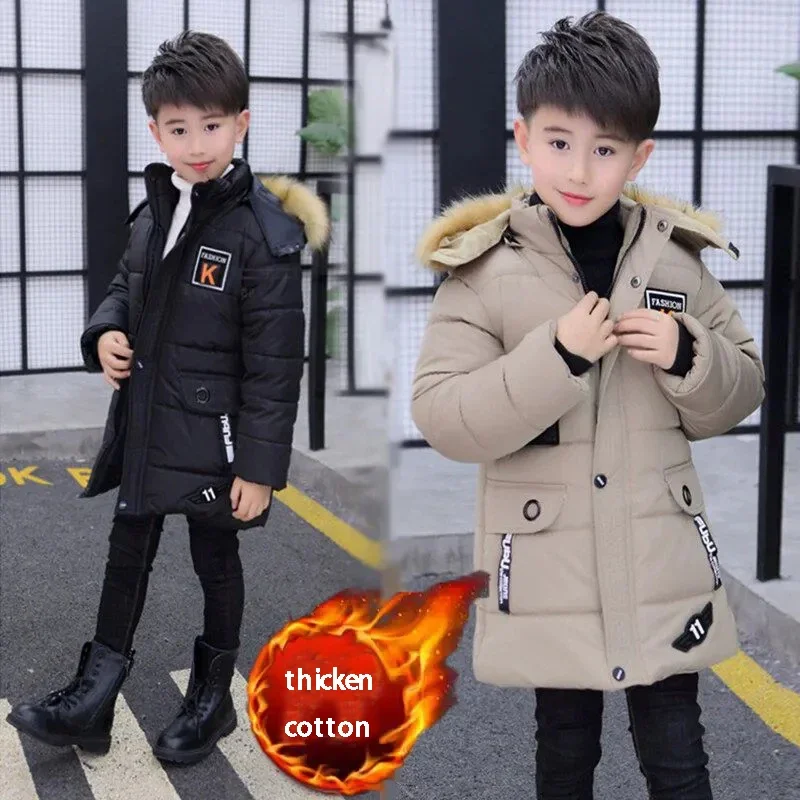 Boys Long Jacket Coat Overcoat Cotton 2024 Blue Black Khaki Warm Thicken Winter Plus Size Children's Clothing