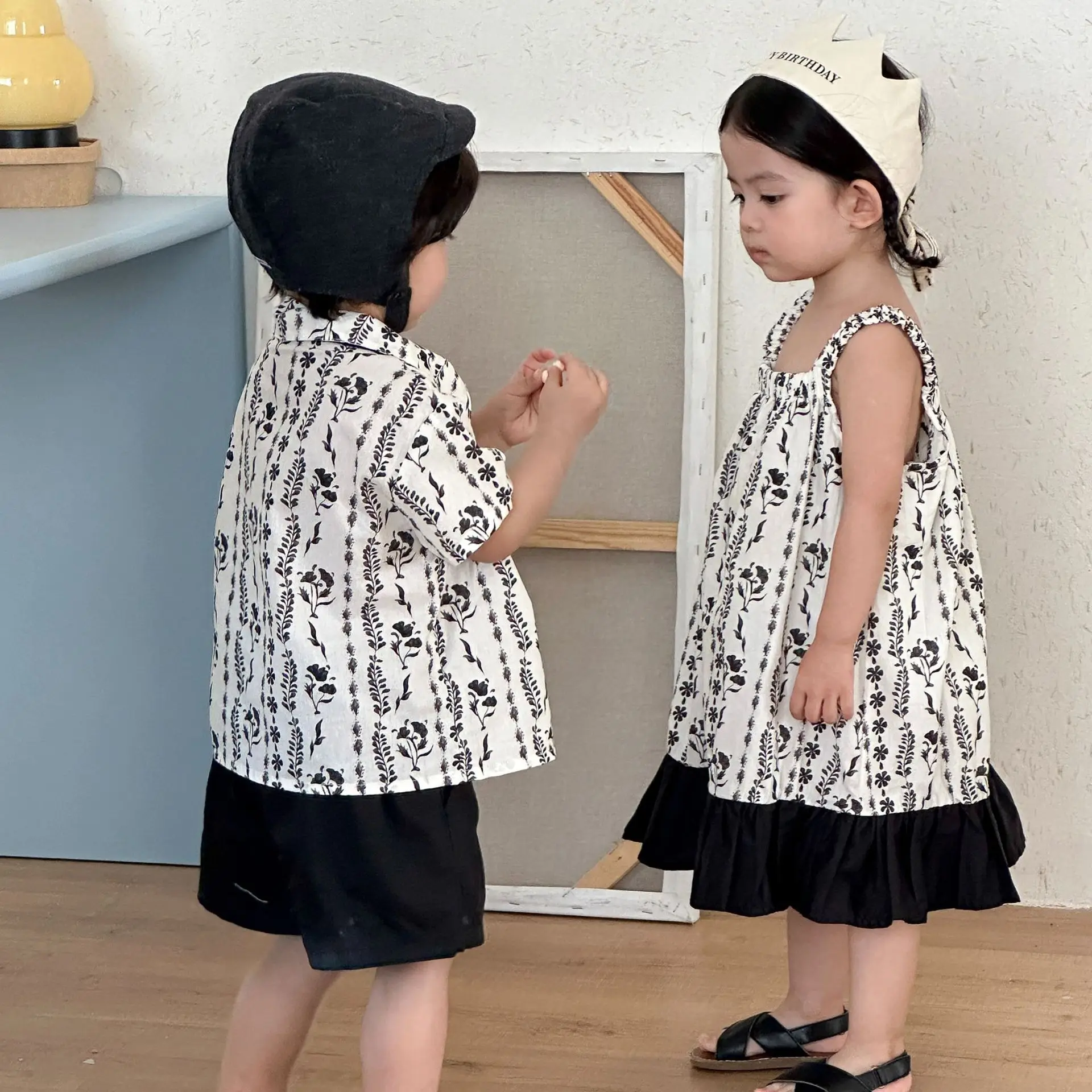 2026 Summer New Children Short Sleeve Clothes Set Boys Shirts + Shorts 2pcs Suit Girls Sling Dress Kids Brother Sisters Outfits