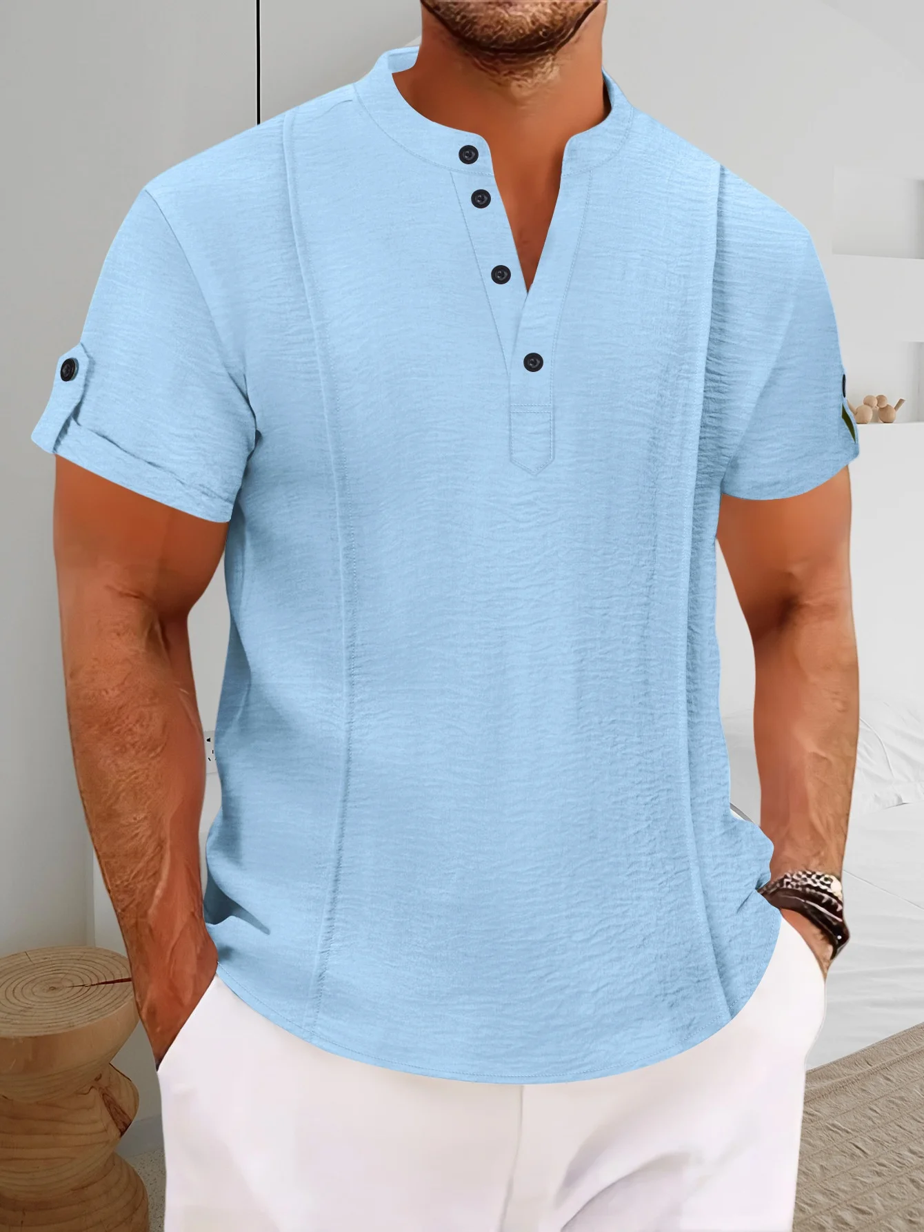 

2025 summer blockbuster fashion shirt men's short sleeve button pleats solid color V-neck casual outdoor comfort Henry shirt