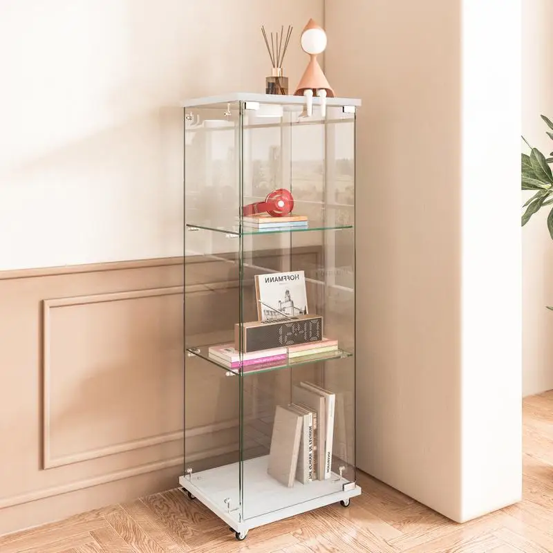 خزانة عرض زجاجية حديثة مع مصابيح LED، طراز عتيق سريع التجميع، رف كتب من الزجاج المقسى لغرفة المعيشة وغرف النوم،