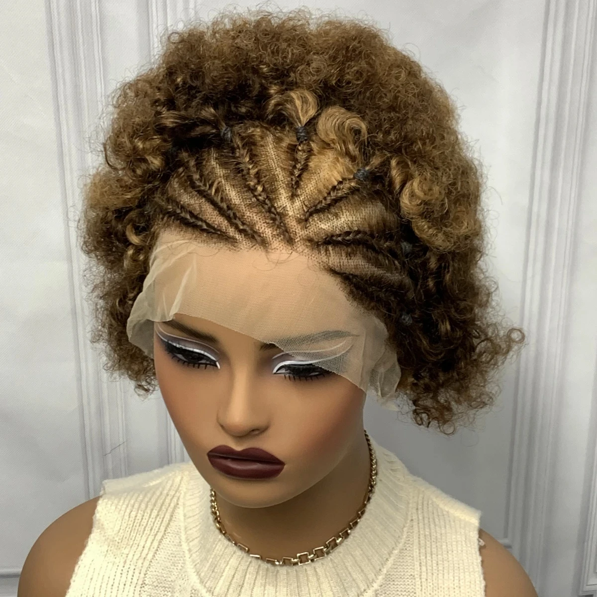 13x4 Lace Frontal Kurze Afro Kinky Curly Bob Geflochtene Haarperücke 8 Zoll Schwarze Echthaarperücke Vorgezupfte Federnde Lockige Perücke für Frauen – Detail 26