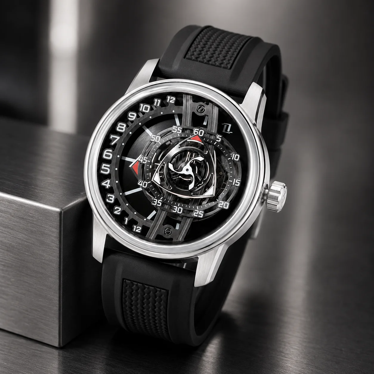 OBLVLO Men's Luxury Mechanical Watch: Carbon Fiber Rotor-Style Dial, Blue Luminous Accents, Waterproof Sports Style.