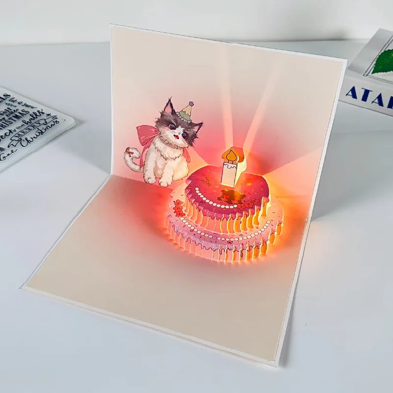 

6Pcs Music, Lights, 3D Pop-Up Cards, Cute Cat Birthday Cards, Pet Holiday Cakes, Birthday Parties with Envelope