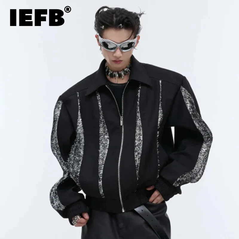 

IEFB 2024 Autumn Short Jacket Niche Design Shoulder Pad Split Sequin Long Sleeve Zipper Male Tops Fashion Darkwear 24E1817