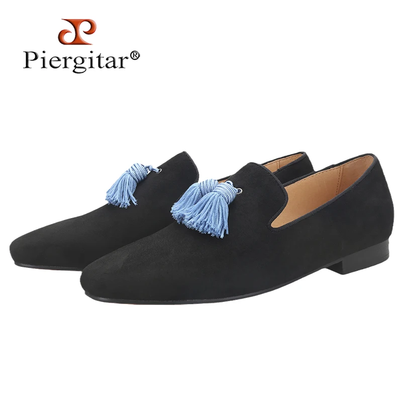 Piergitar Black Suede Men's Loafers With Multi-Colored Handmade Tassels For Party And Wedding Red Color Bottom Smoking Slippers