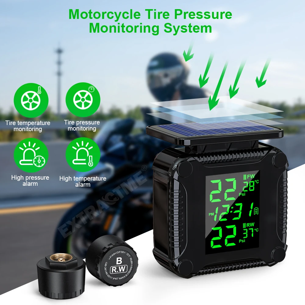 Extractme Tire Pressure Monitoring System Colorful Display Wireless TPMS Motorcycle Solar Charge Tyre Temperature Alarm Sensor