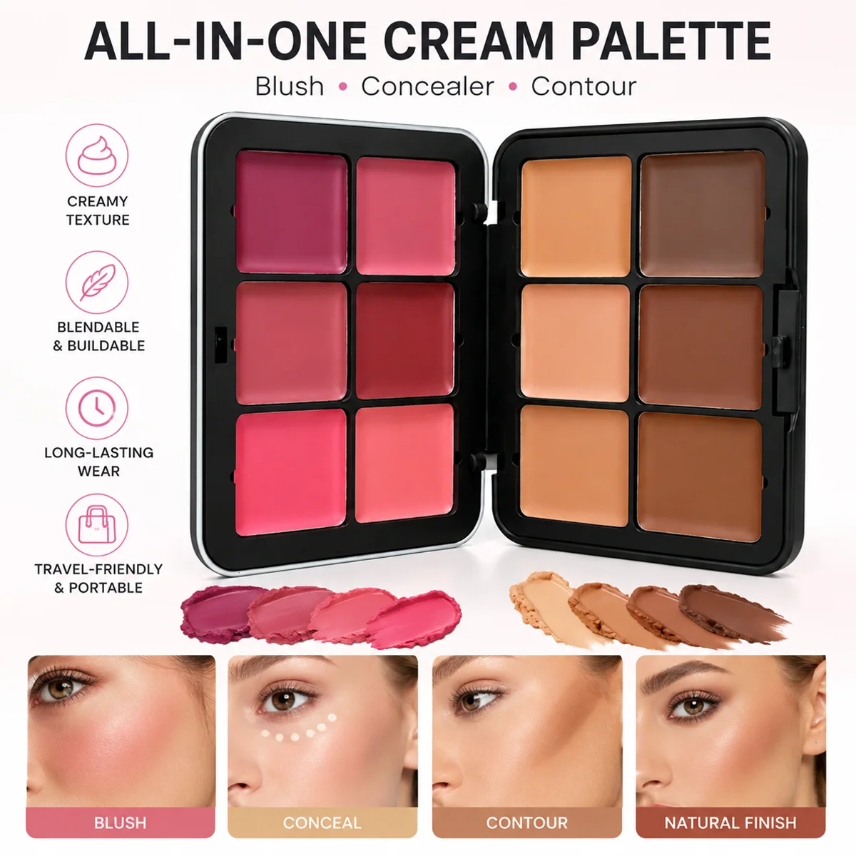 Strass-Make-up-Palette mit 12 Farben, vielseitig einsetzbar, für Lippen, Wangen, Rouge, Foundation, tragbares Gesichts- und Lippen-Kosmetikset
