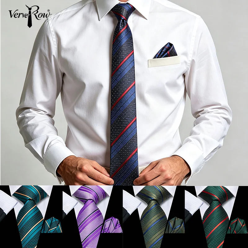 VerveRow Men Striped Tie and Pocket Square Set, Navy Red Diagonal Jacquard Necktie Handkerchief Formal Business Suit