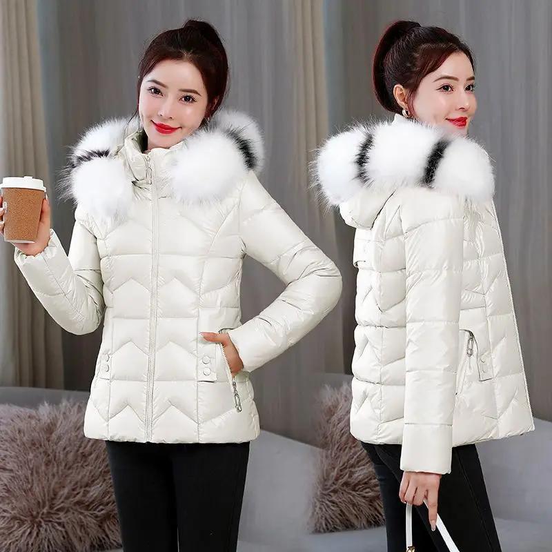 

2023 Cotton Padded Fur Parka New Big Fur Collar Down Cotton Winter Jacket Women Thick Warm Parkas Female Outerwear