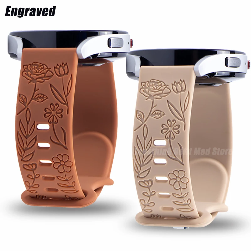 20mm 22mm Floral Engraved Band for Samsung Galaxy Watch 6/5/4 40mm 44mm/Huawei GT 3 Pro Silicone Sport Strap 5 Pro 45mm Active 2