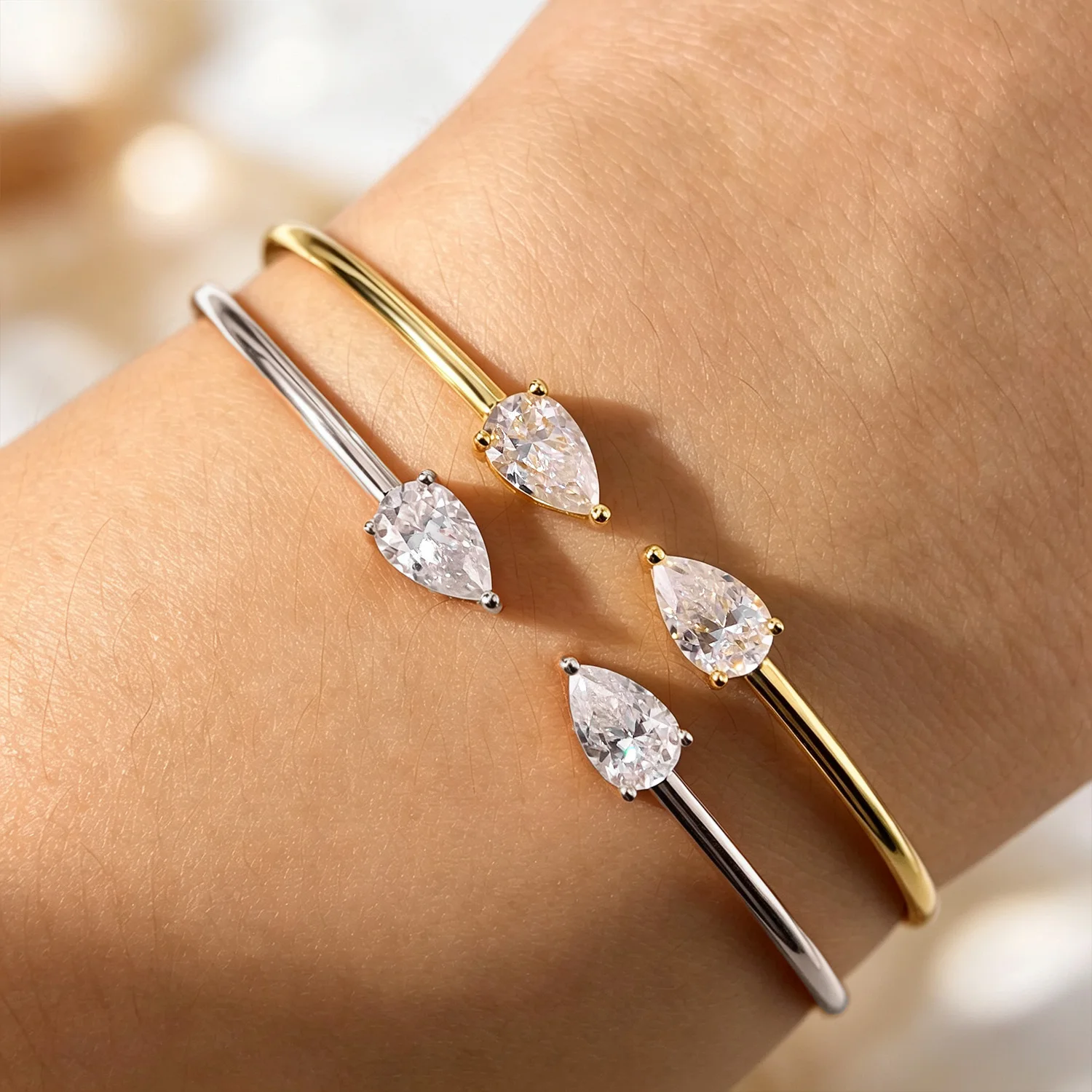 EWYA 1CT Pear Cut Moissanite Open Cuff Bangle for Women S925 Silver 2-Stone Teardrop Lab Diamond Adjustable Bracelet Jewelry