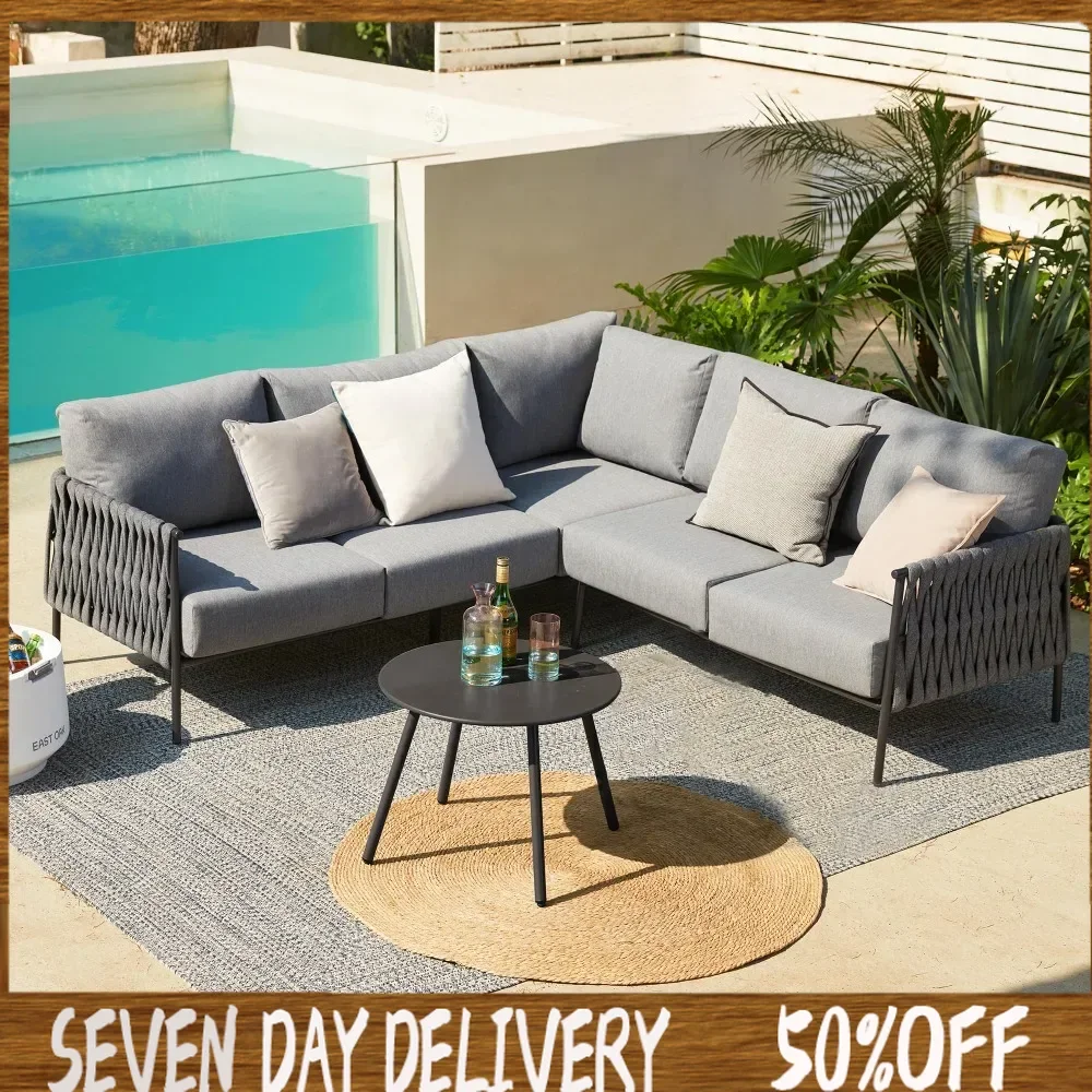 patio sofa Furniture Corner Sofa Set with Round Coffee Table 5 Seat Sofa Deep Seating with Thick & Washable Cushions Earth Black