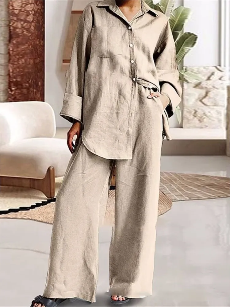 New Cotton And Linen Pant Sets Women Autumn Winter Casual Style Solid Color Loose Wide Legs Pants Two Piece Set Clothing Ladies