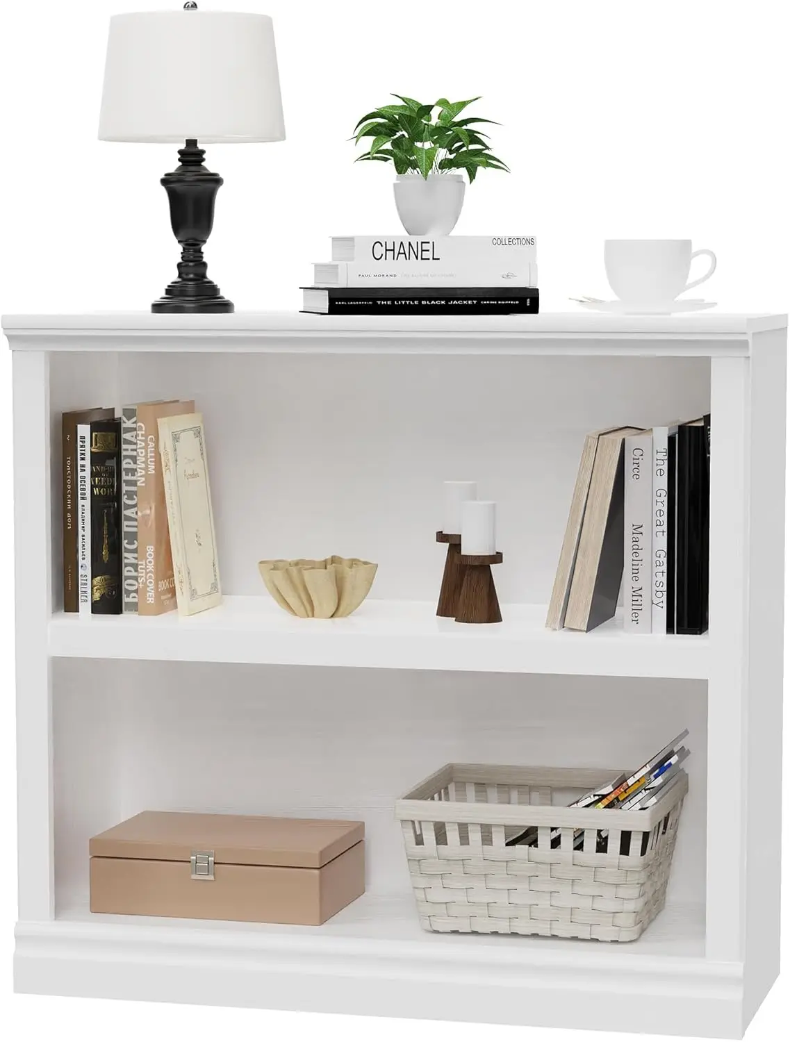 2-Shelf White Bookcase Wooden Bookshelves 33in Wide Floor Standing Display Storage Shelves Oak Bookcase for Home Office,