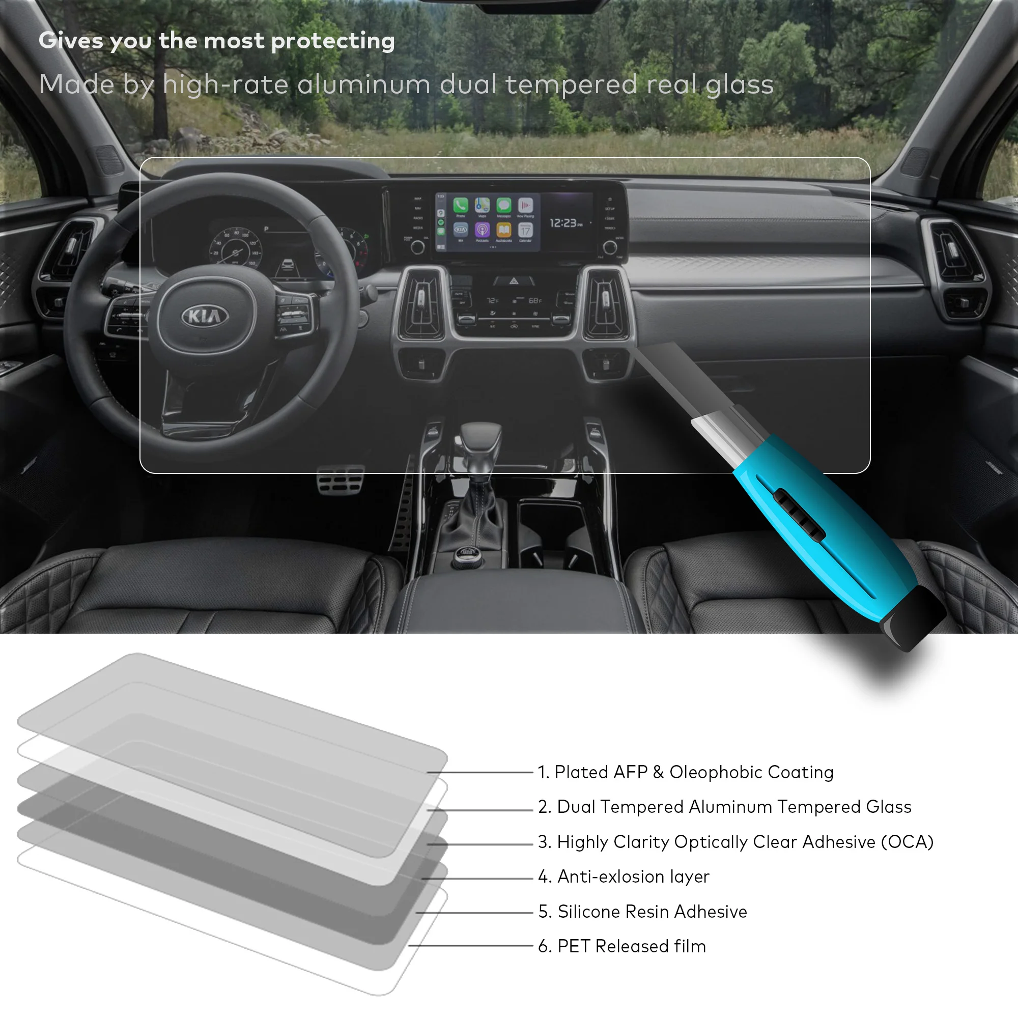 واقي شاشة من الزجاج المقسى لهاتف KIA K5/Sorento (2021-2024)، Hyundai Kona/Santa Cruz/Tucson (2022-2024) Infotainment 10.25"