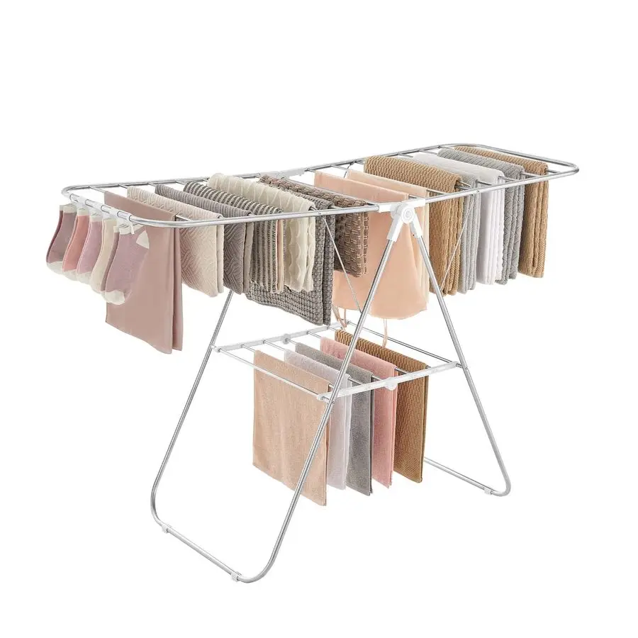 

Clothes Drying Rack, with Sock Clips, Metal Laundry Rack, Foldable, SpaceSaving, FreeStanding Airer, with 2 HeightAdjustable Gul