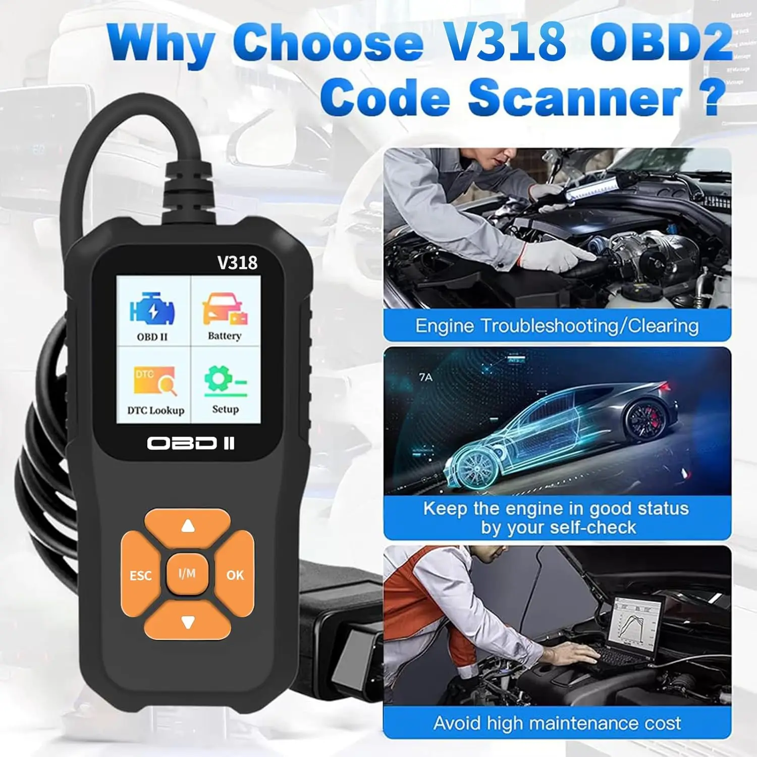 V318 OBD2 Scanner Color Screen Clear Engine Error Codes Check Engine Indicator Diagnostic Tool Multilingual Battery Tester