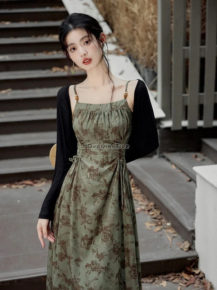 2024 new chinese style modern daily hanfu set temperament waist cinching printing suspended dress solid color versatile cardigan