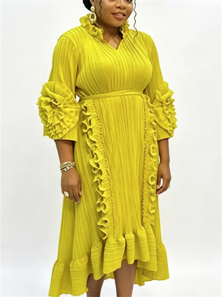 Miyake Fashion Design Pleated Dress Women Mesh Floral Spliced Belt Gathered Waist Solid Color Dresses Elegant 2024 New