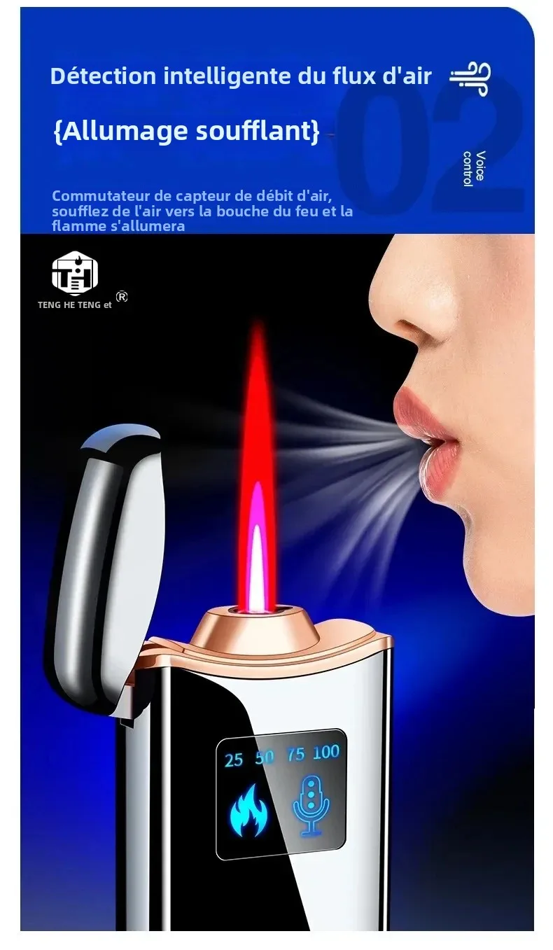 Flamme rouge à commande vocale à Induction intelligente, briquet gonflable coupe-vent avec affichage de puissance, charge de Type C, cadeau de mode