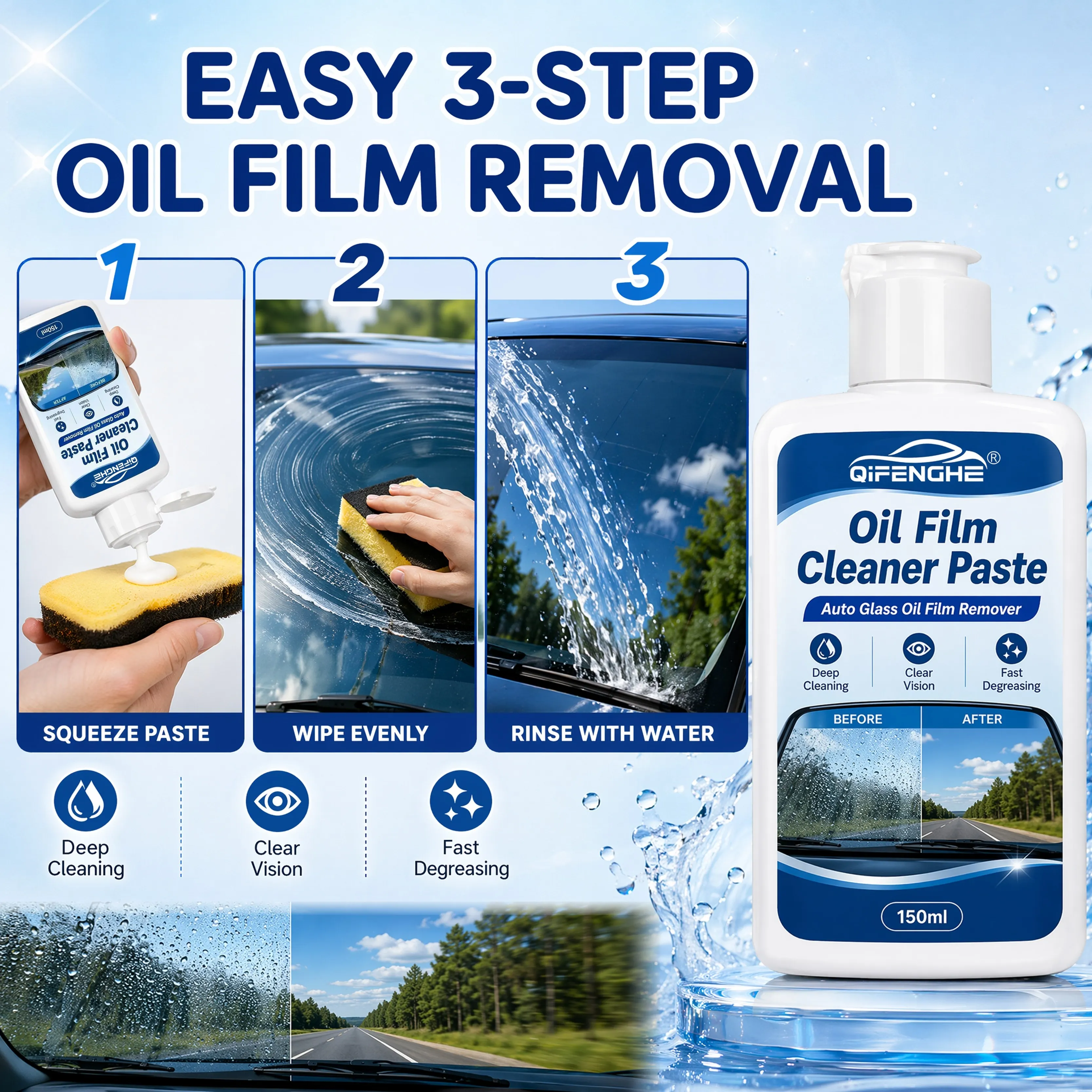 Car Glass Oil Film Cleaner Paste 150ml, Automotive Windshield Oil Stain Remover, Deep Cleaning Fast Degreasing