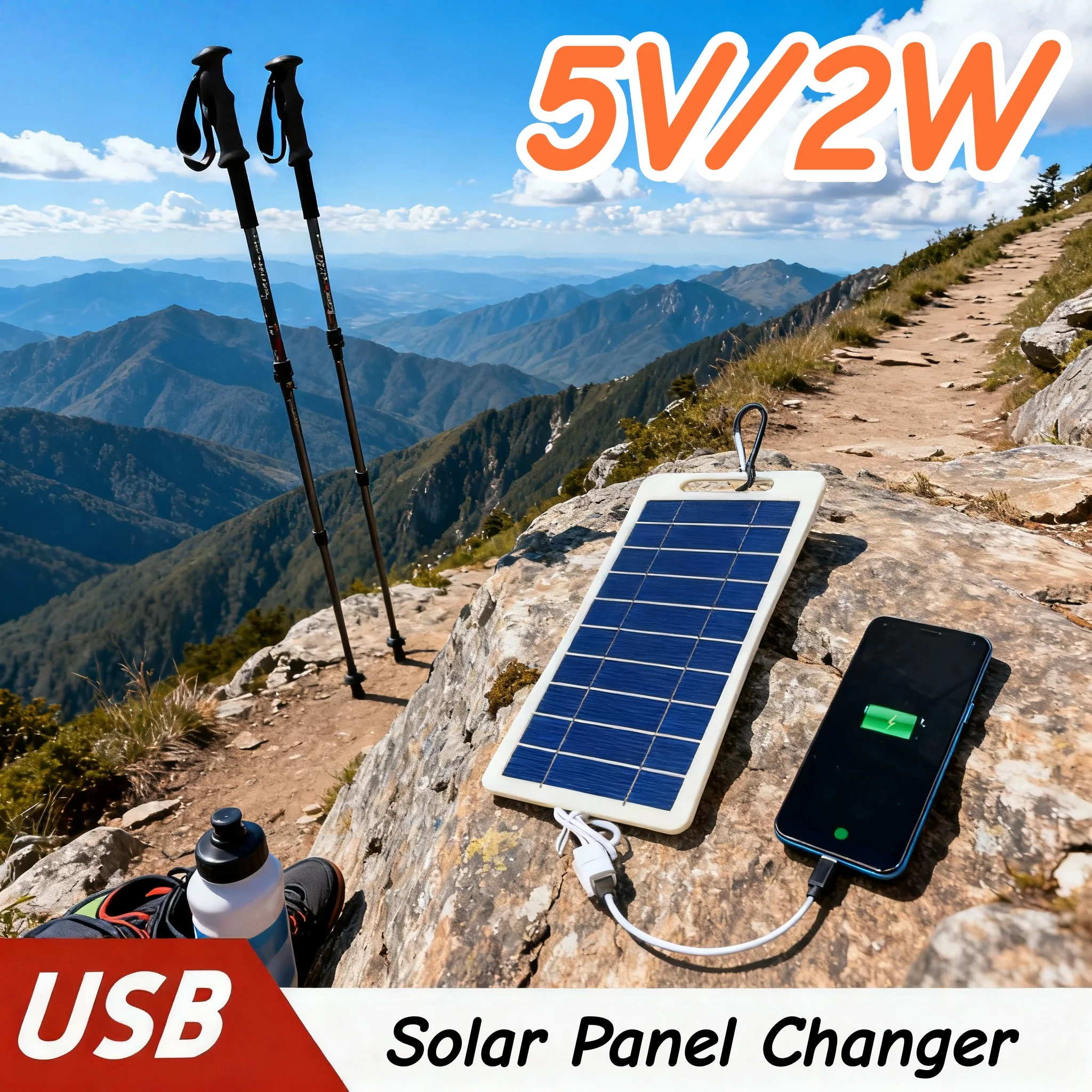 Panel Solar de 2W y 5V con USB, impermeable, para exteriores, senderismo y Camping, batería portátil, Banco de carga para teléfono móvil, Panel de carga de 5V