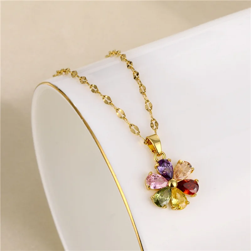 Vintage Bohemia Colorful Zircon Crystal Flower Pendant Stainless Steel Women Necklaces Female Clavicle Chain Jewelry Wholesale