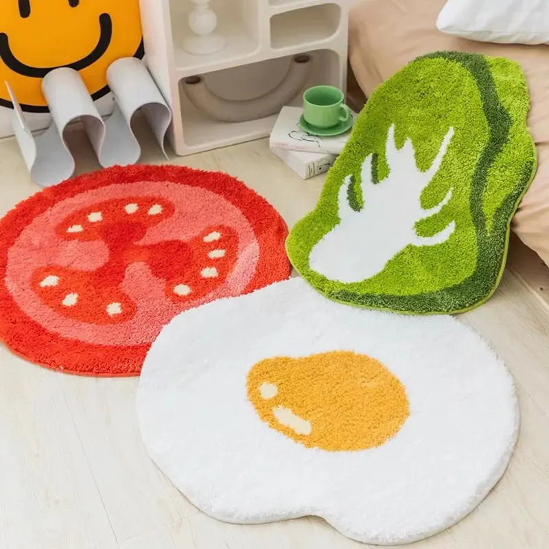 

Cute Poached Egg Round Irregular Rugs Diningroom Bedroom Cartoon Carpet Vegetable Soft Flannel Home Decor Gifts