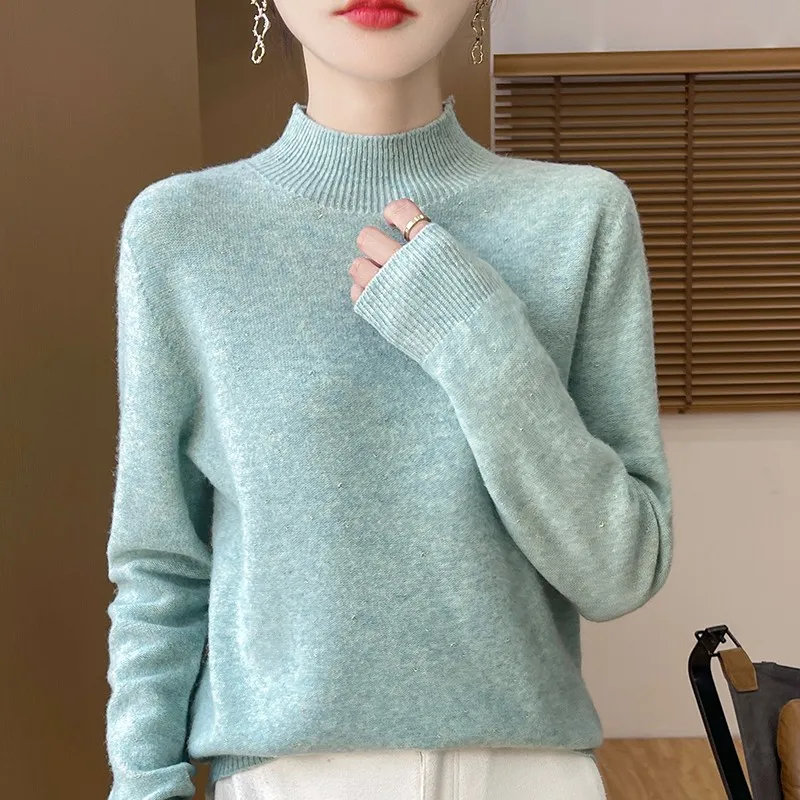 Hot selling pullover sweater 100 Australian wool women's sweater long sleeved knitted slim fit short women's half high neck swea