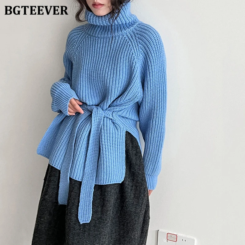 

BGTEEVER Stylish Warm Loose Turtleneck Sweaters for Women Autumn Winter Fashion Long Sleeve Lace-up Female Knitted Pullovers