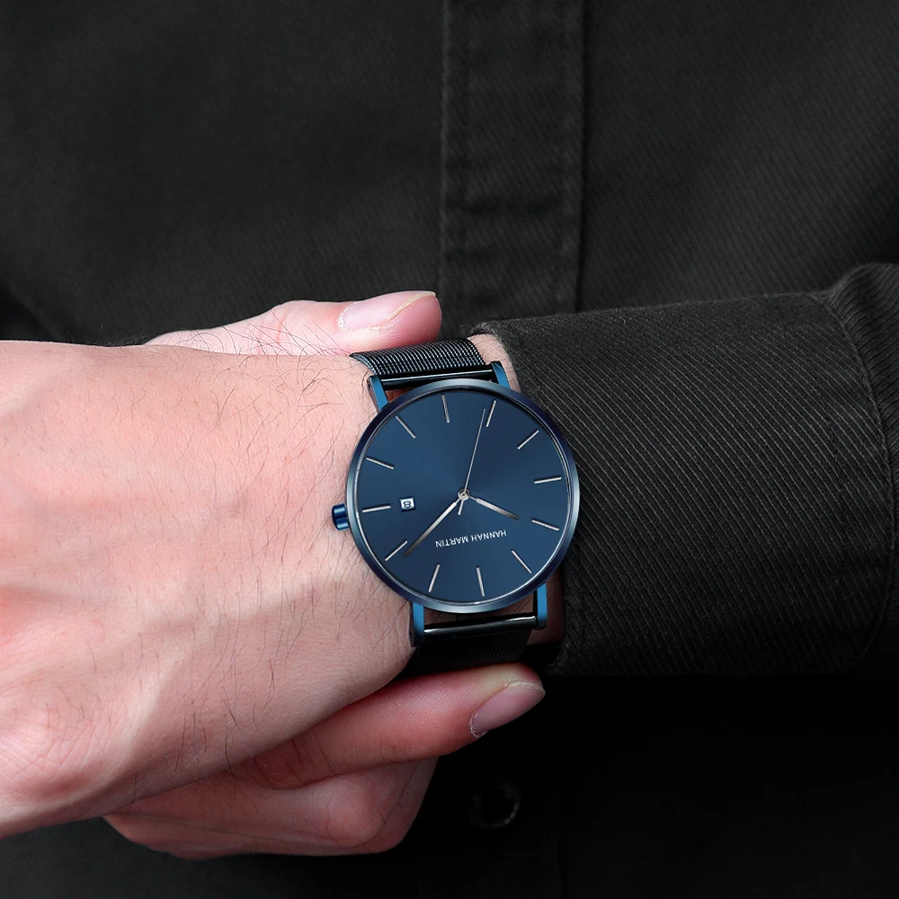 Classic Bauhaus Design Men Watch Dark Blue Japan Quartz Waterproof Stainless Steel Fashion Business Calendar Ultra Thin Watches
